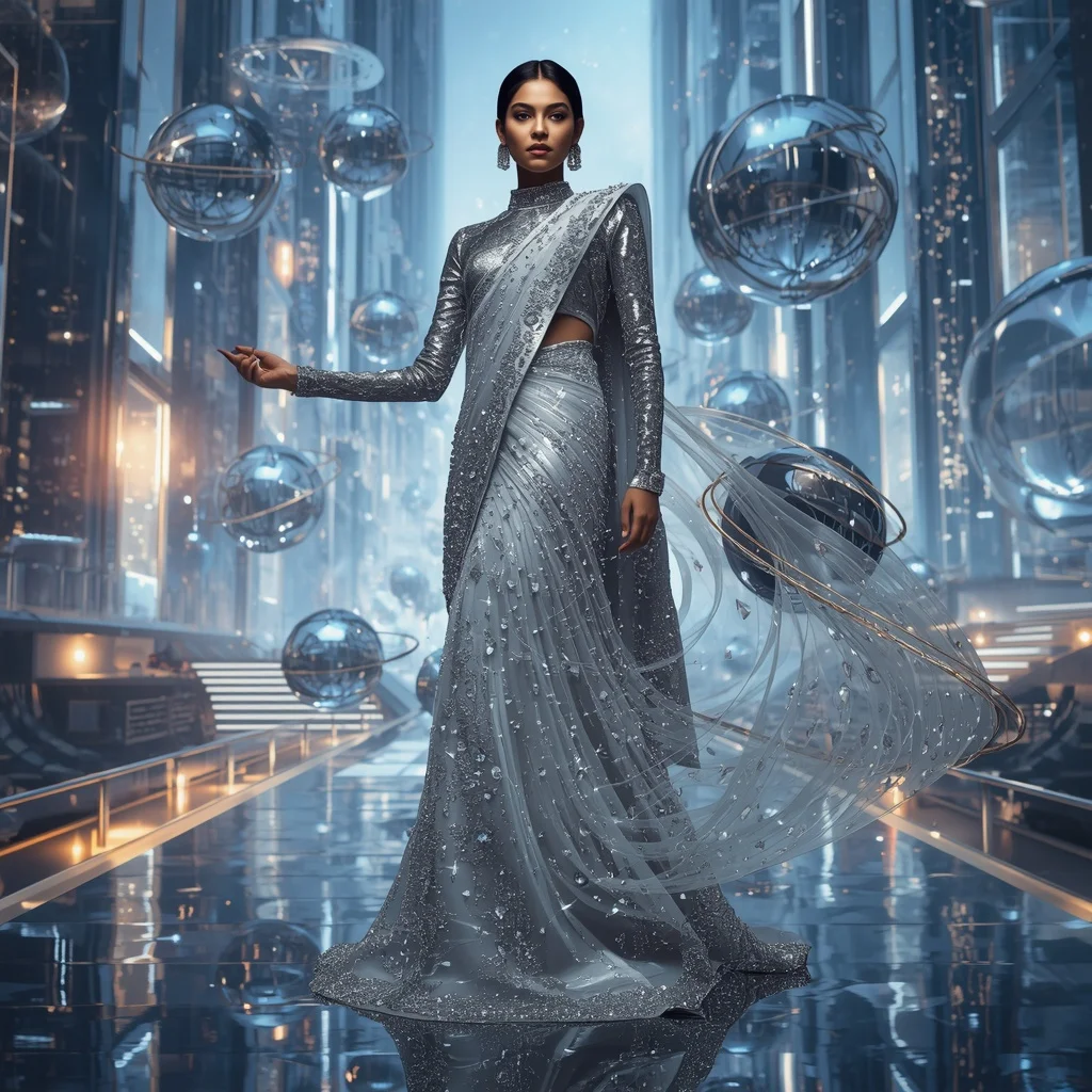 Crystal Orbital Ring Saree with Floating Sphere Architecture City | Makeup Ai Prompt
