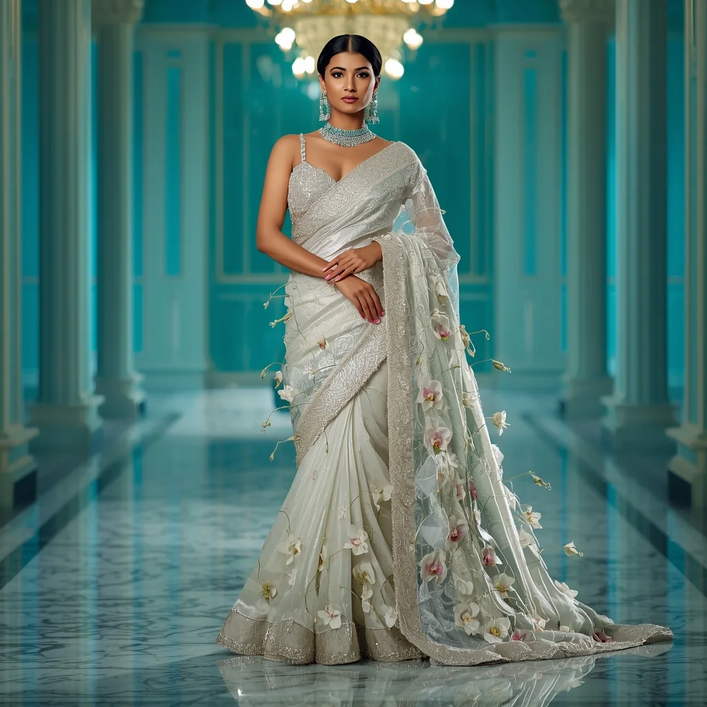 Crystal Orchid Fountain Saree with Luxury Aqua Palace | Instagram Girl Gemini Prompt