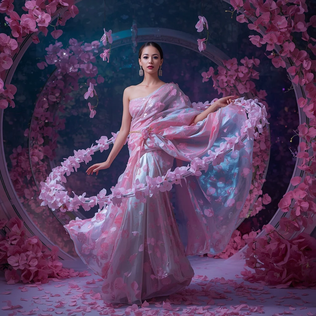 Crystal Orchid Gravity Saree with Floating Bloom Orbit | Style Ai Prompt