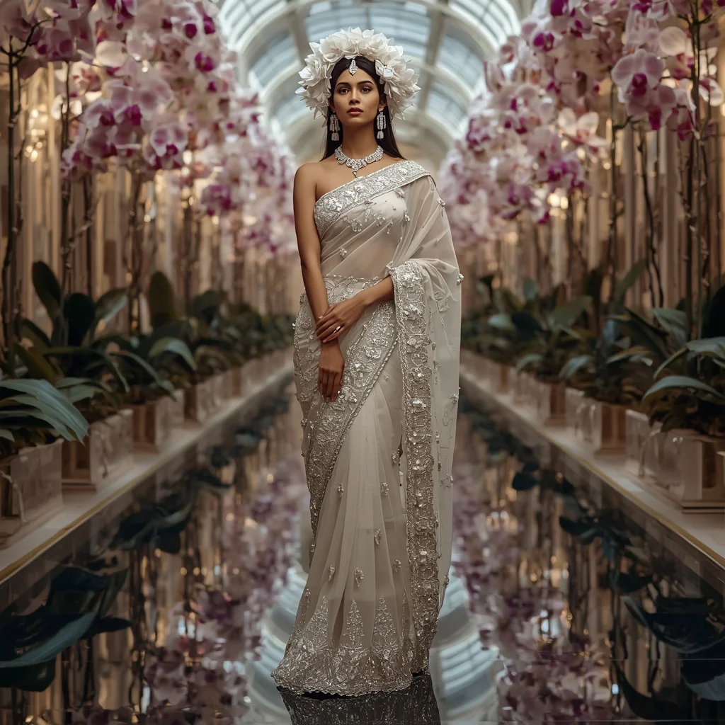 Crystal Orchid Halo Saree with Luxury Botanical Reflection Hall | Sora Ai Prompt