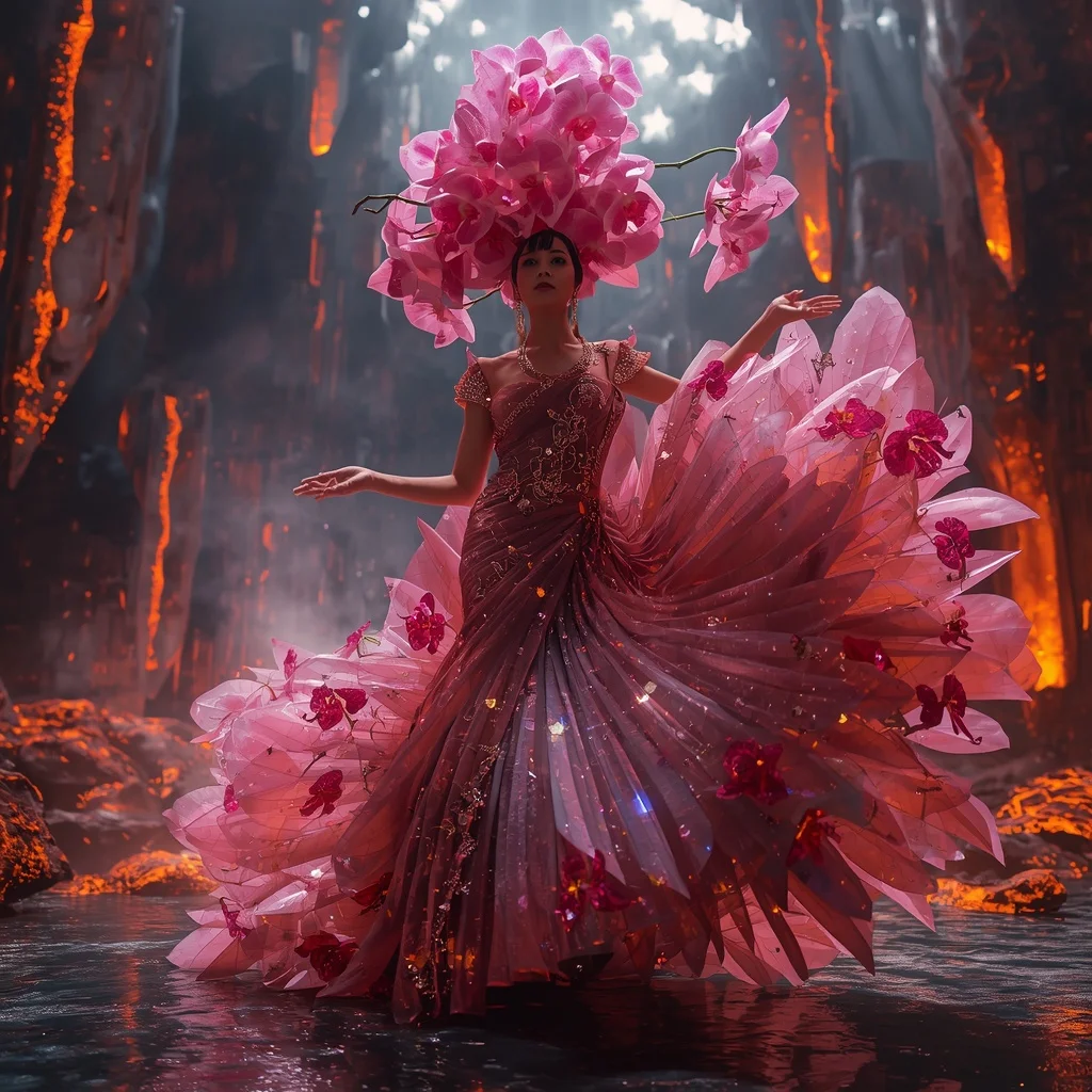 Crystal Orchid Volcano Saree with Floating Bloom Lava Megacity | Google Prompt