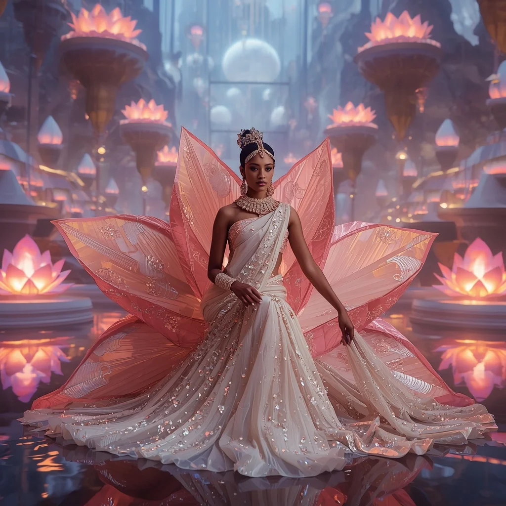 Crystal Origami Lotus Saree with Floating Geometric Temple Realm | Prompt AI For Girl