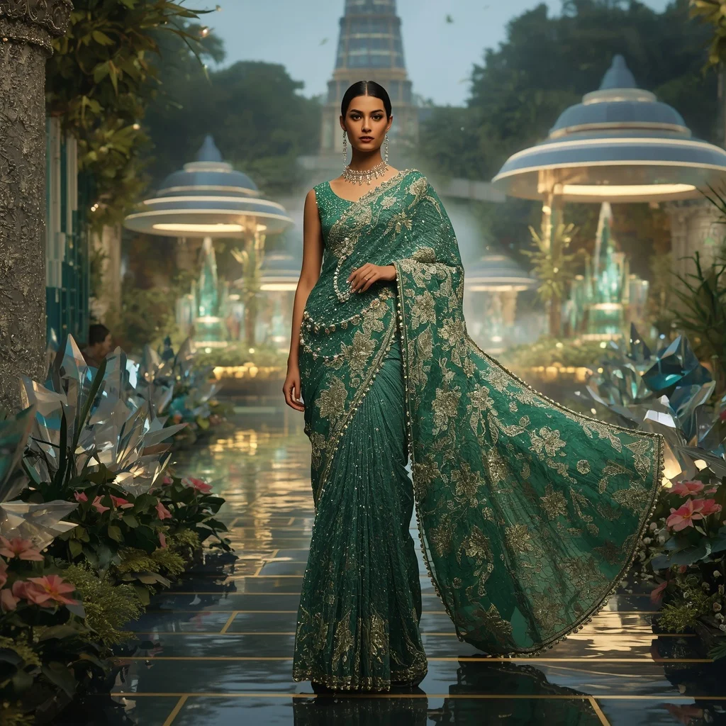 Crystal Pavilion Garden Saree with Modern Luxury Courtyard Kingdom | Ai Portrait Prompt