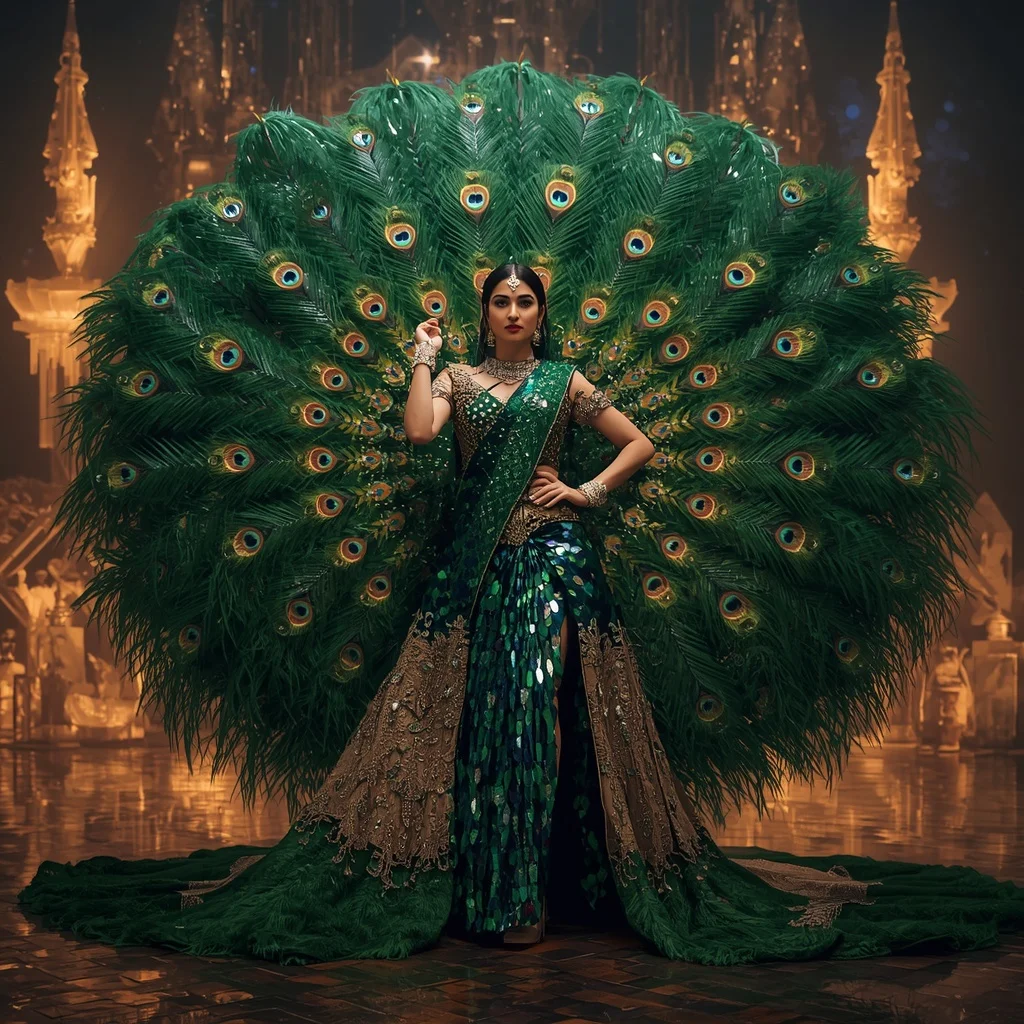 Crystal Peacock Armor Saree with Royal Feather Megafortress | Viral Ai Image Prompt
