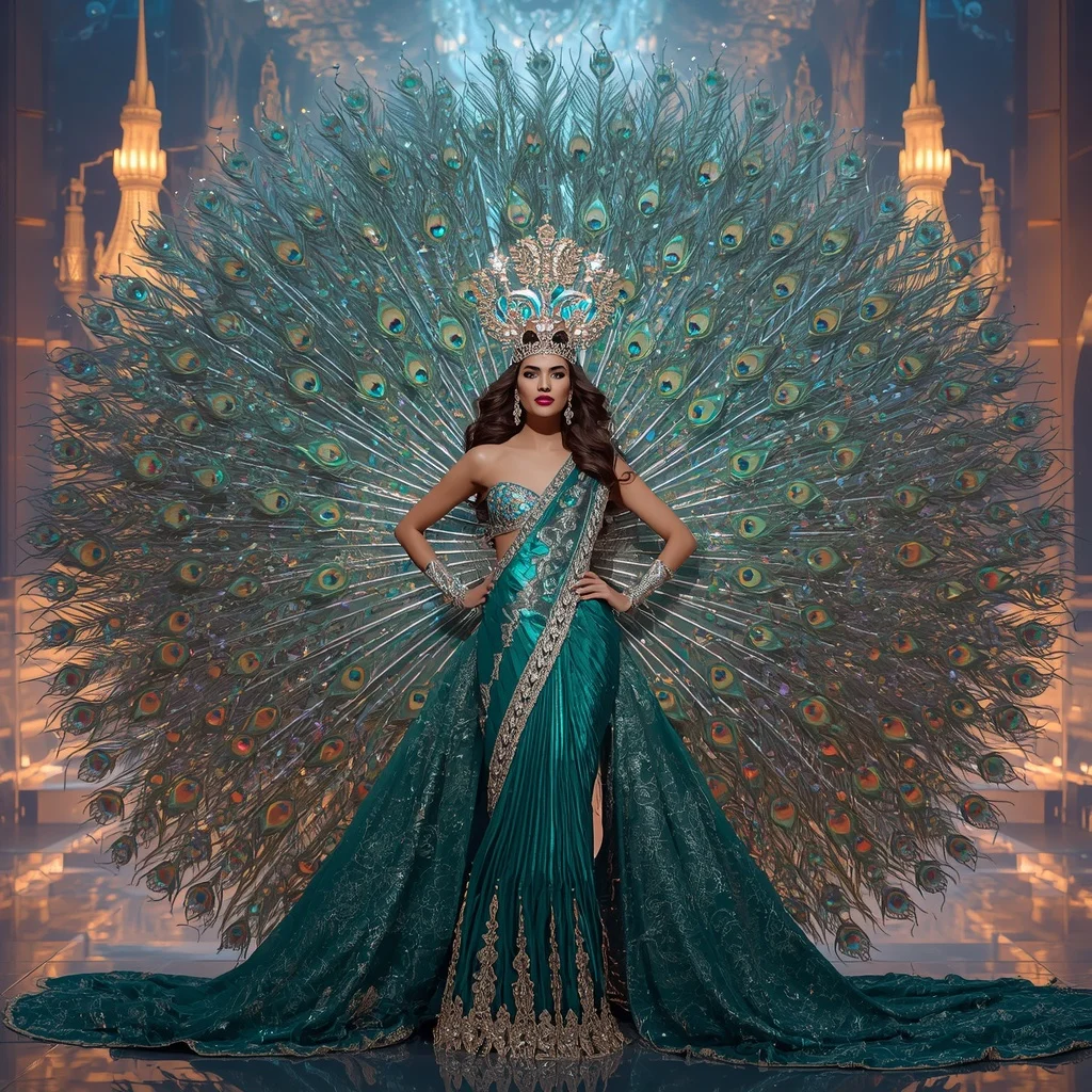 Crystal Peacock Crown Saree with Floating Royal Feather Citadel | Copy Paste Ai Prompt