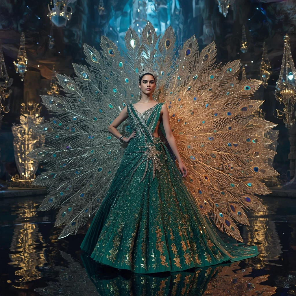 Crystal Peacock Crown Saree with Floating Royal Prism Jungle | Fashion Ai Prompt