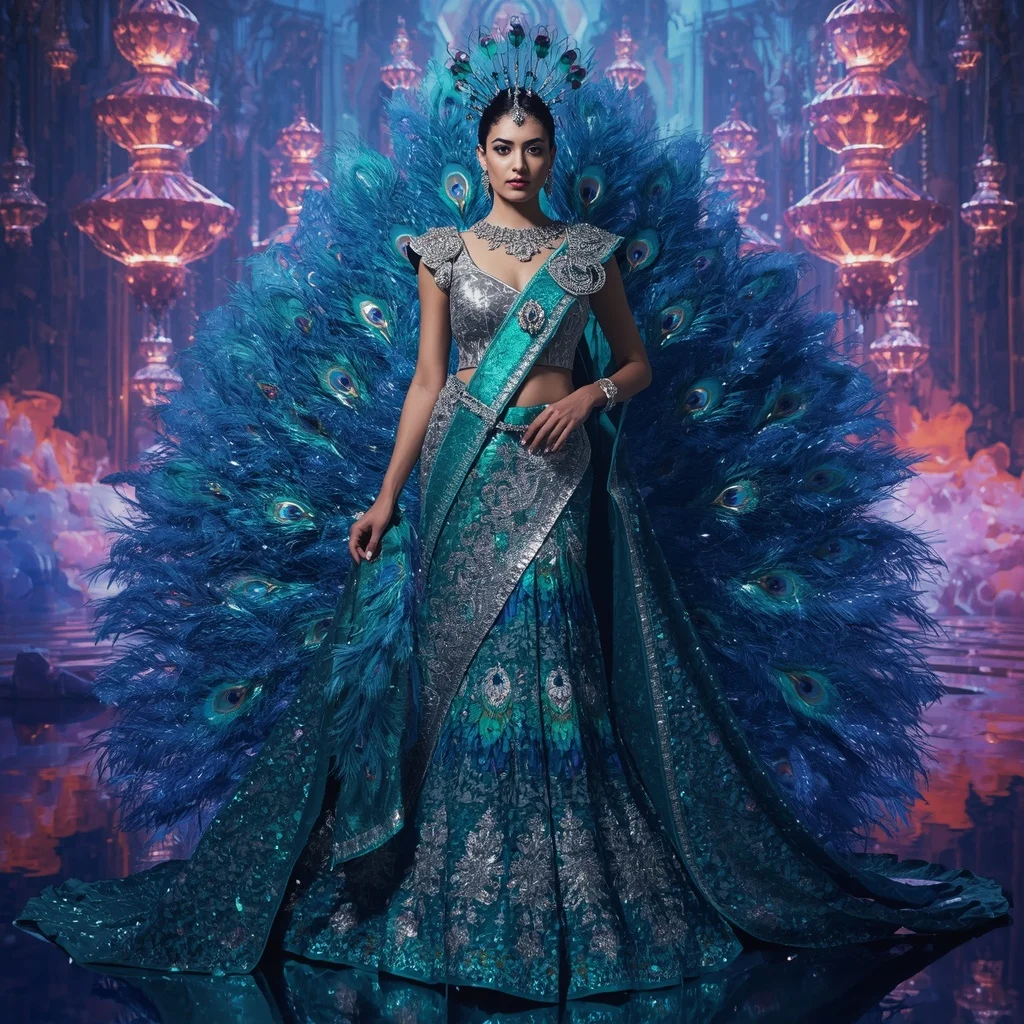 Crystal Peacock Empire Saree with Floating Feather Palace | Prompt For Gemini AI Girl Model