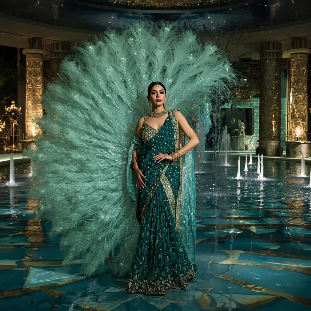 Crystal Peacock Fountain Saree with Floating Royal Water Court | Prompt AI For Girl