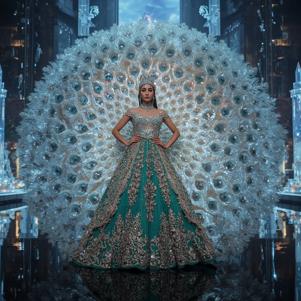 Crystal Peacock Palace Saree with Floating Jewel Feather Kingdom | Bridal Ai Prompt