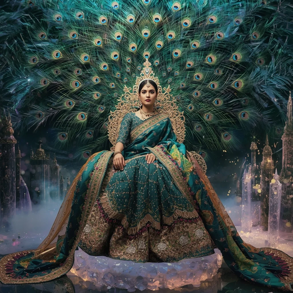 Crystal Peacock Throne Saree with Jewel Feather Universe | Ai Prompt For Social Media