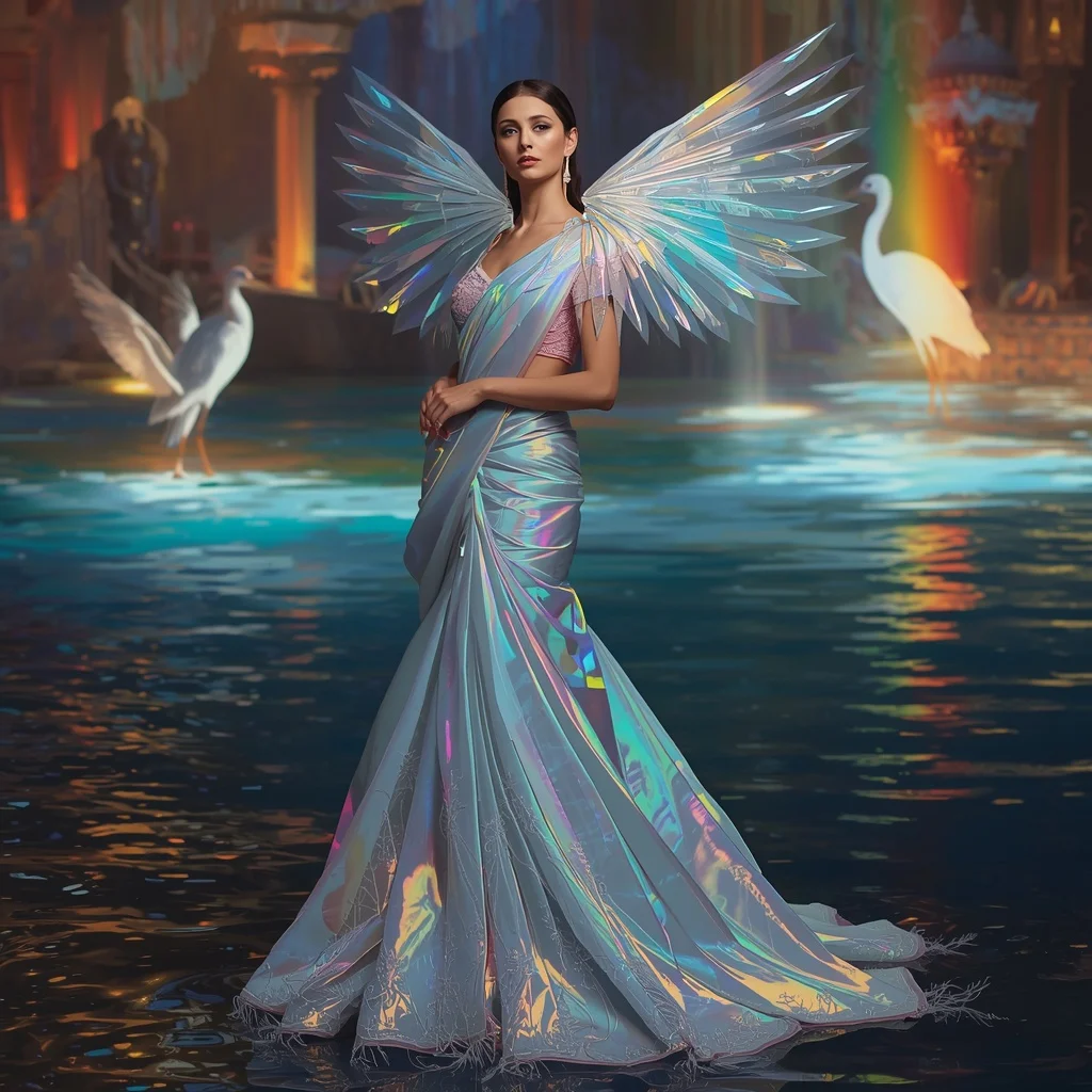 Crystal Prism Heron Saree with Rainbow Water Kingdom | Character Design Ai Prompt