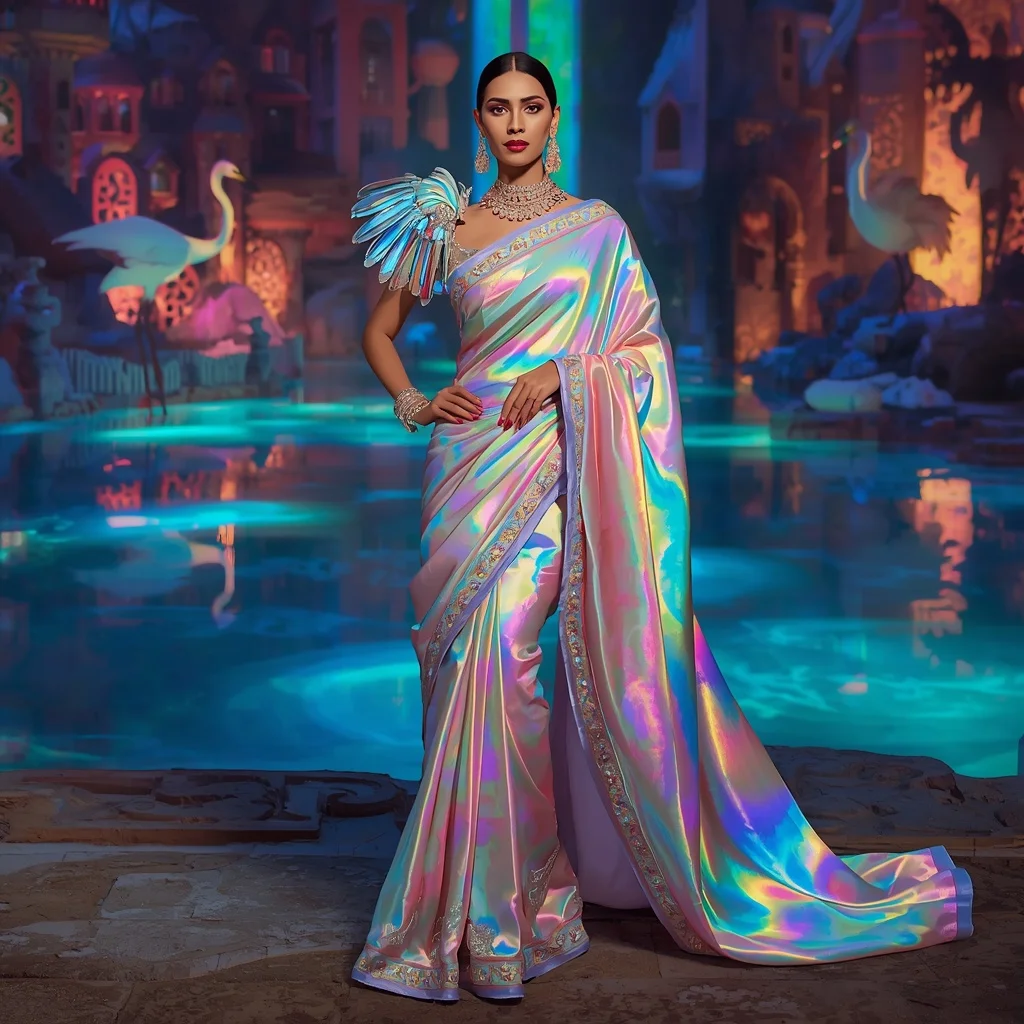 Crystal Prism Heron Saree with Rainbow Water Kingdom | Gemini Ai Prompt
