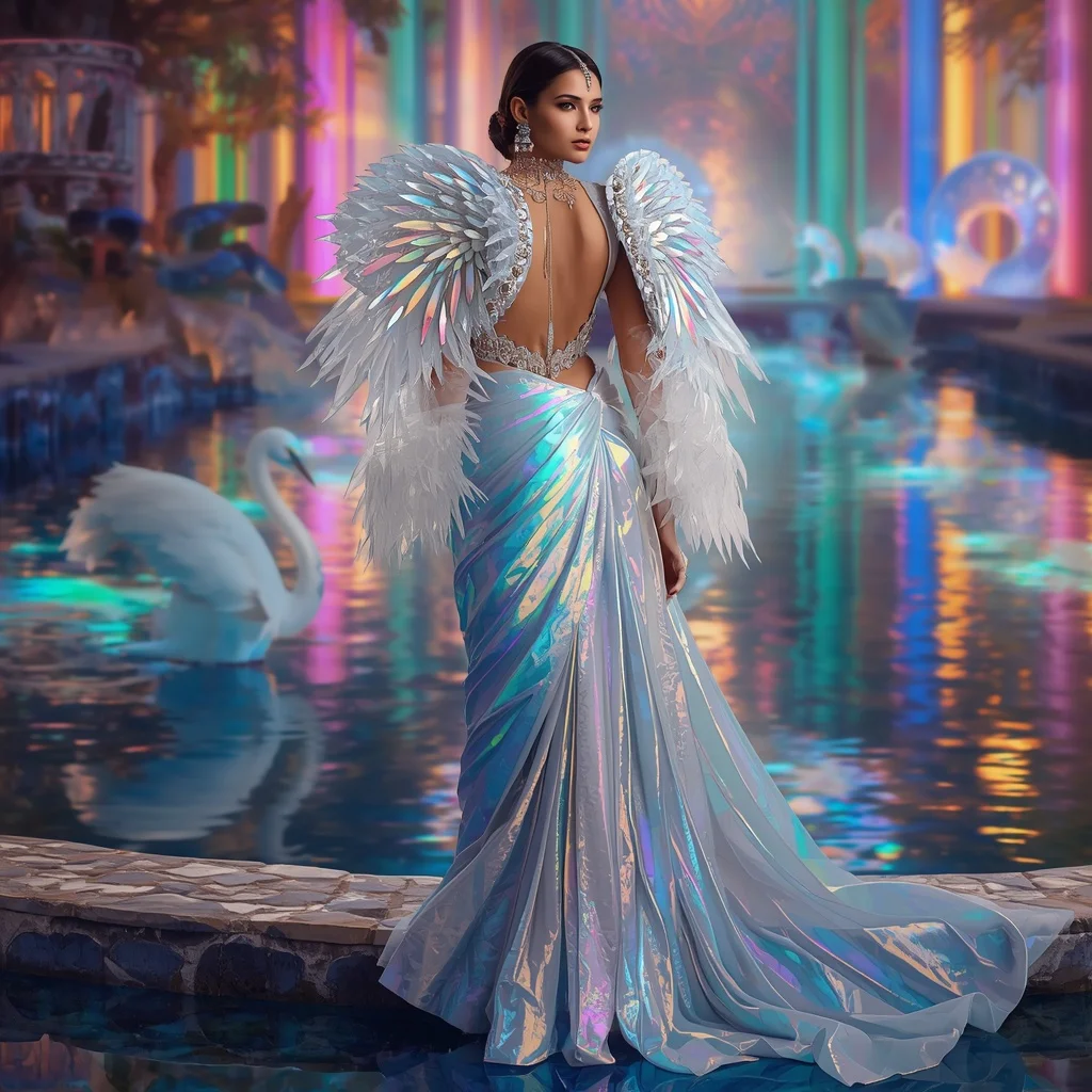 Crystal Prism Heron Saree with Rainbow Water Kingdom | Trending Ai Prompt