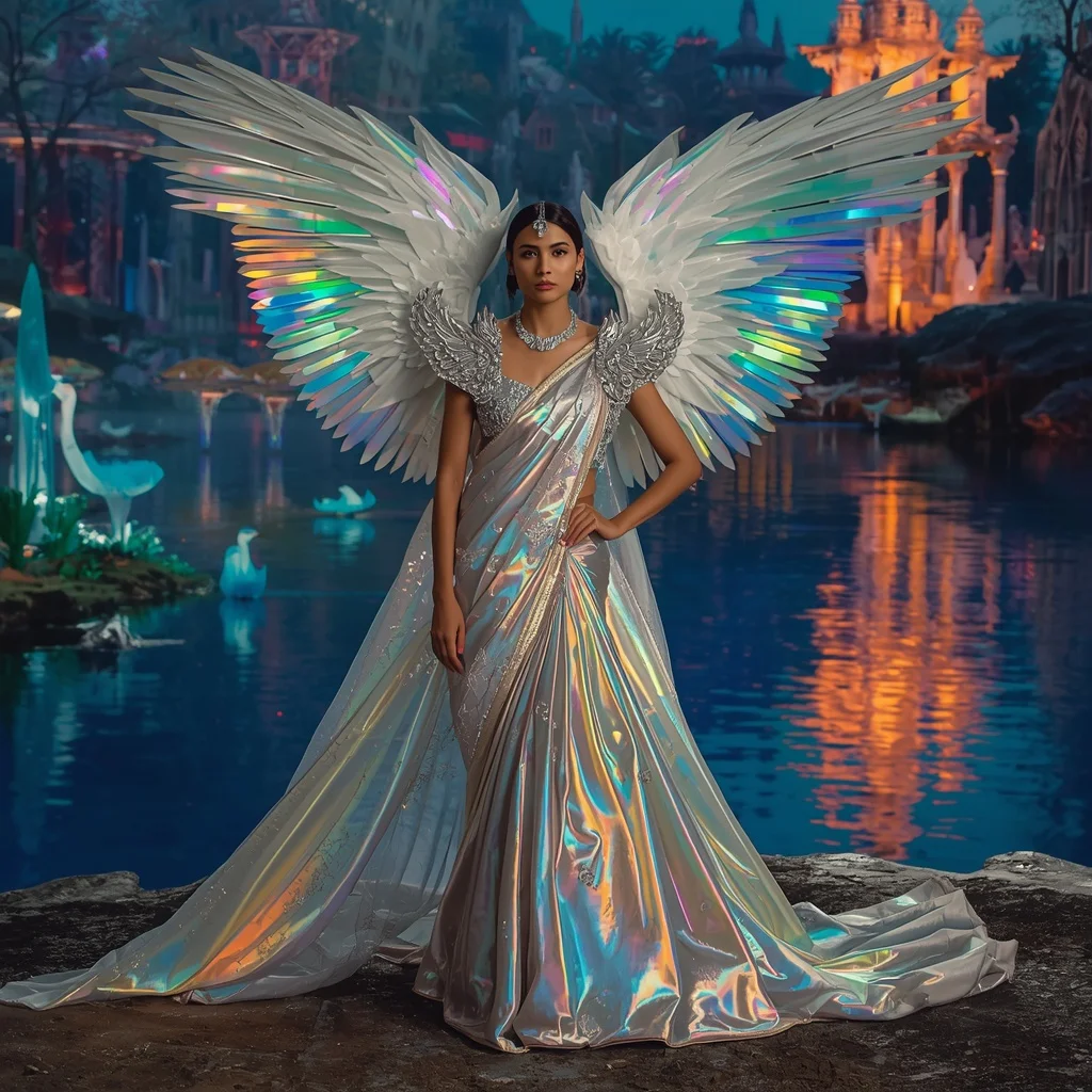 Crystal Prism Heron Saree with Rainbow Water Kingdom | Prompt For Gemini AI Girl