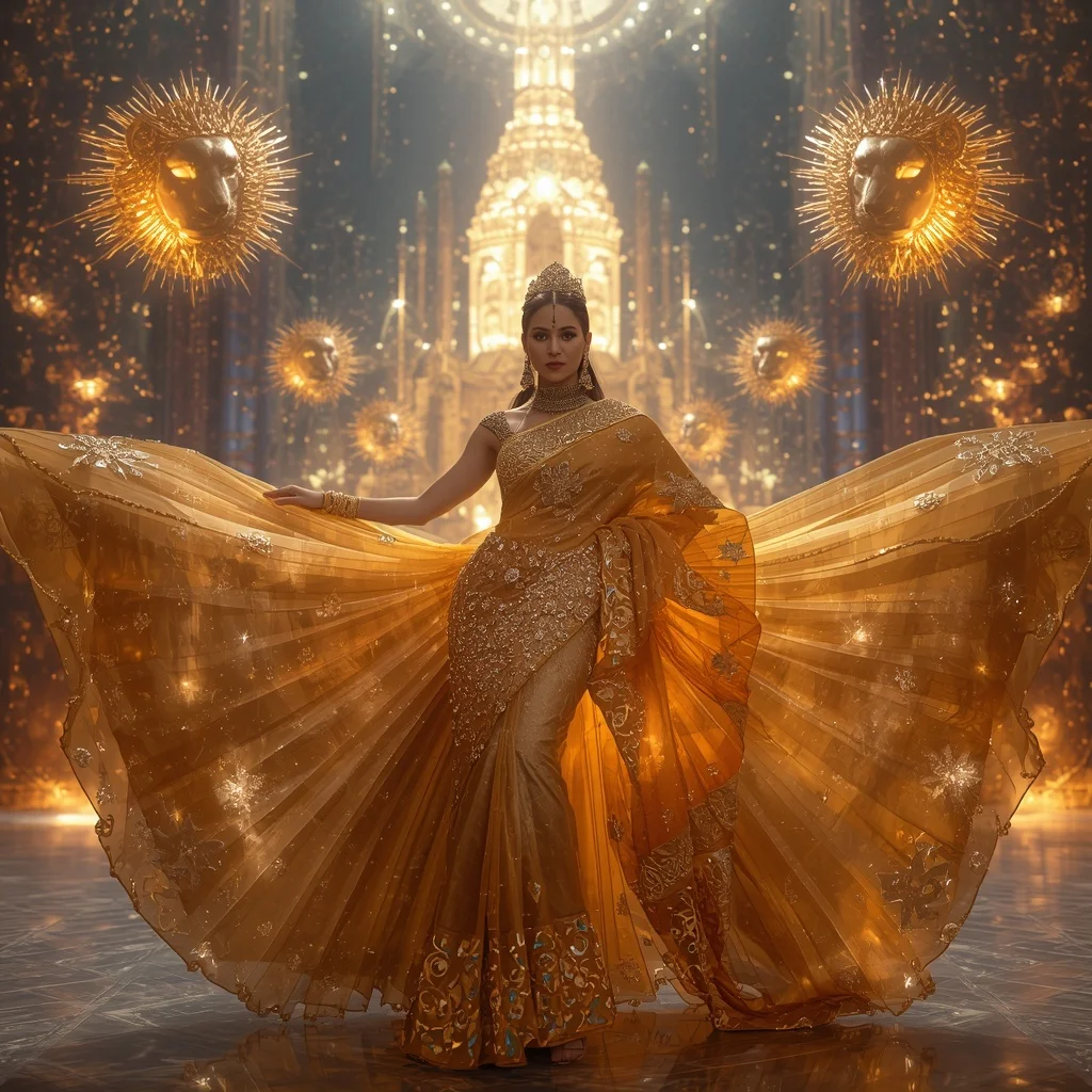 Crystal Prism Lioness Saree with Solar Royal Infinity Empire | Ai Image Prompt
