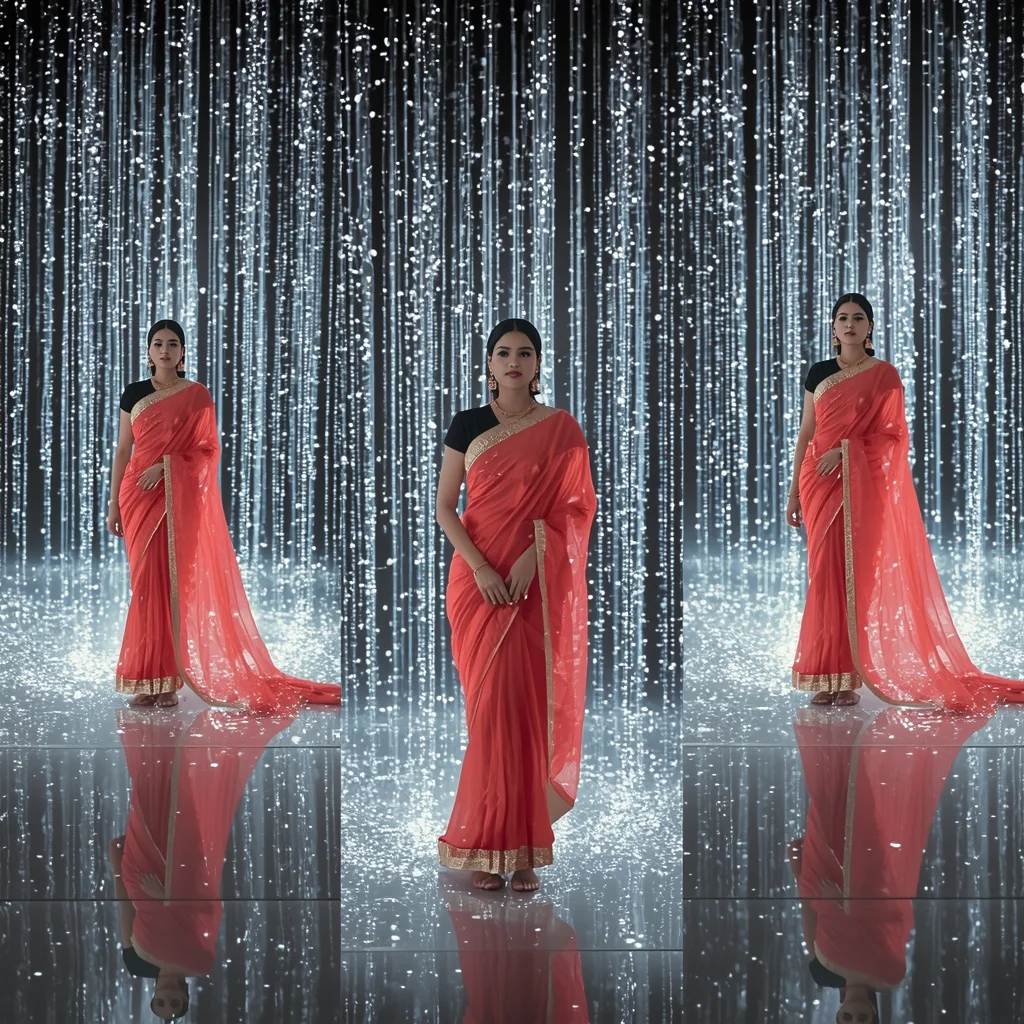 Crystal Rain Grid Breakdown Triptych Epic Sunlit Illusion | Saree Reel Ai Prompt