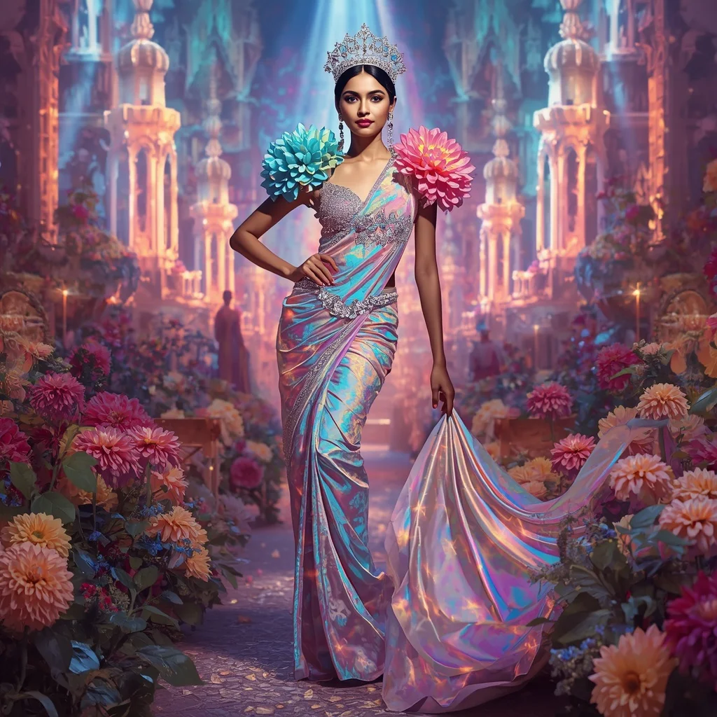Crystal Rainbow Dahlia Cathedral Saree with Prism Floral Kingdom | Instagram Profile Pic Ai Prompt