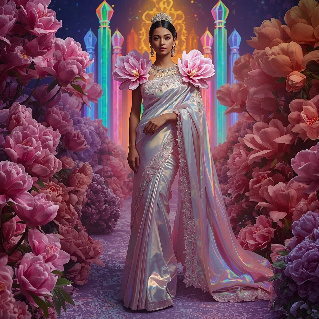 Crystal Rainbow Magnolia Cathedral Saree with Prism Floral Empire | Instagram Carousel Ai Prompt