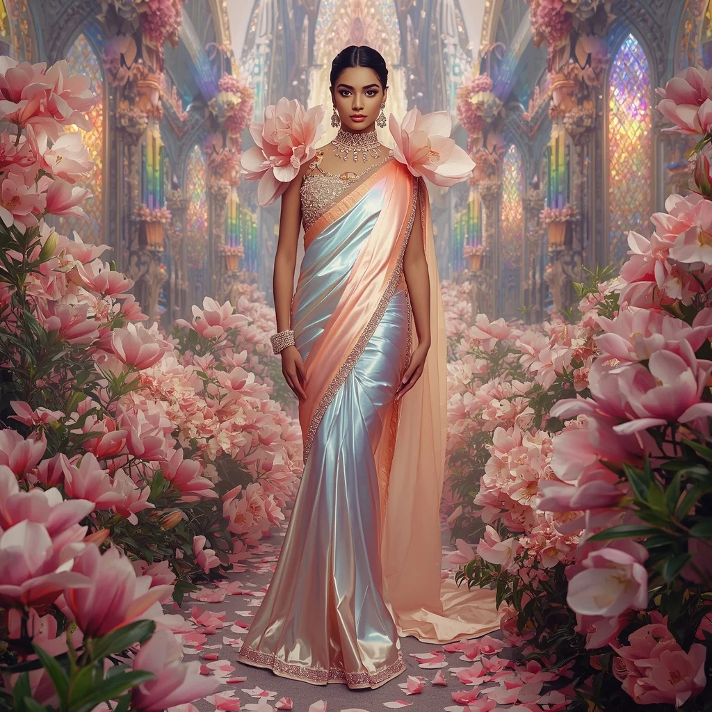 Crystal Rainbow Magnolia Cathedral Saree with Prism Floral Empire | Gym Influencer Ai Prompt