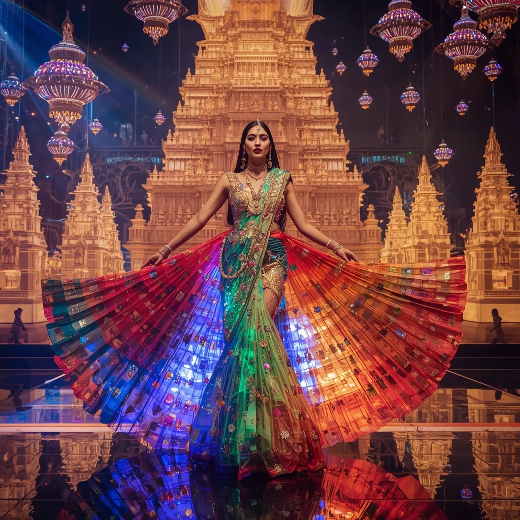 Crystal Rainbow Temple Saree with Floating Festival Light Kingdom | Prompt For Girl Photo Editing