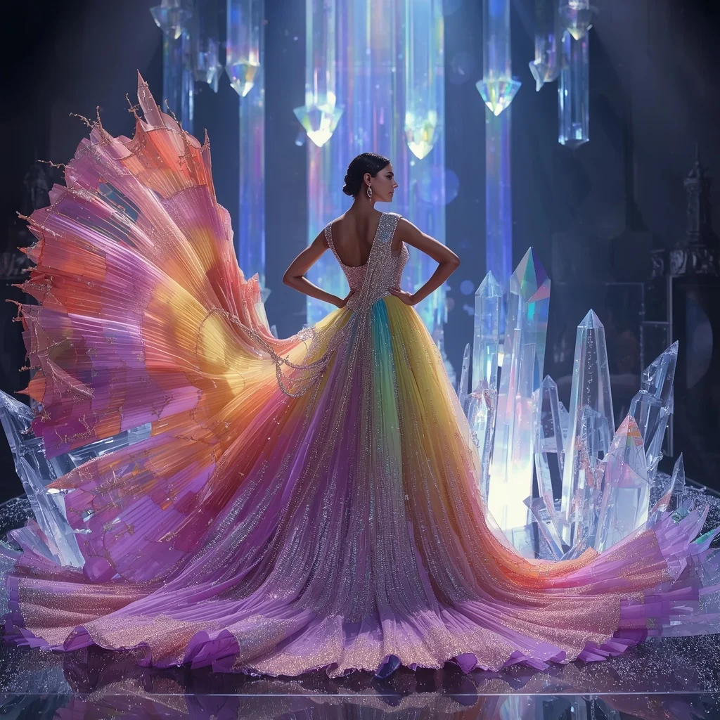 Crystal Rainbow Waterfall Saree with Floating Prism Paradise Realm | Lighting Ai Prompt