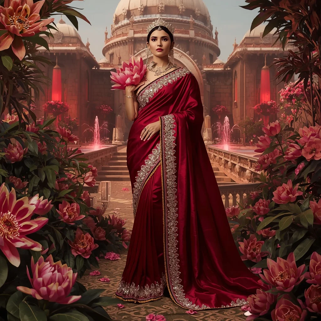 Crystal Ruby Protea Saree with Imperial Floral Citadel | Youtube Thumbnail Ai Prompt