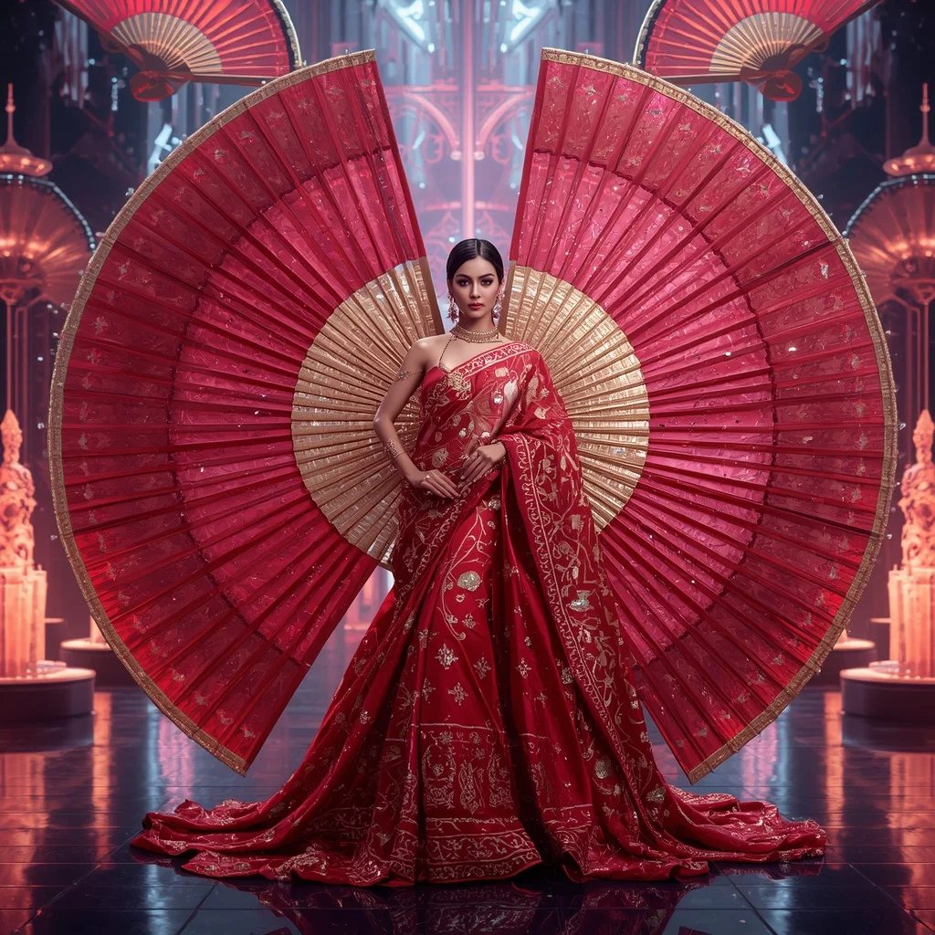 Crystal Samurai Fan Saree with Neon Imperial Festival Citadel | Prompt Seen Trending Girl 2026 Butterfly