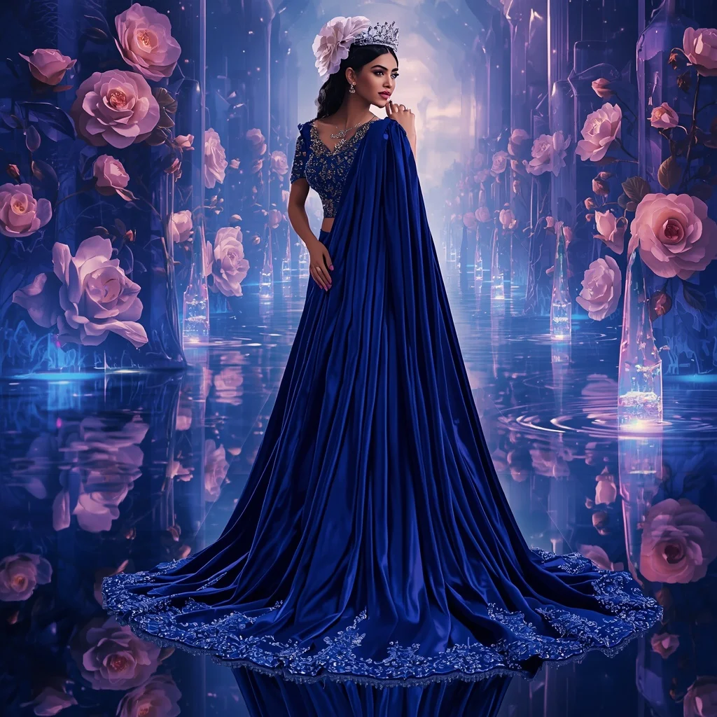 Crystal Sapphire Camellia Palace Saree with Reflection Bloom Realm | Youtube Thumbnail Ai Prompt