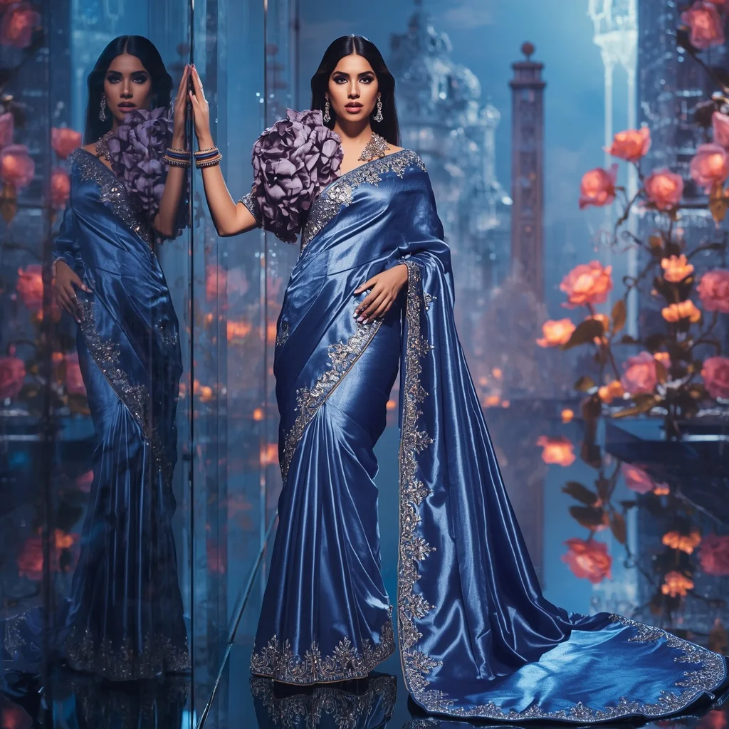 Crystal Sapphire Camellia Palace Saree with Reflection Bloom Realm | Gemini Ai Photo Prompt Copy Paste