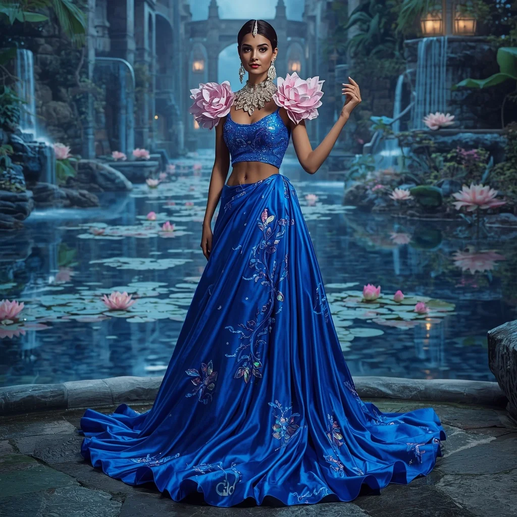 Crystal Sapphire Lotus Waterfall Saree with Moon Garden Reflection Palace | Travel Ai Prompt