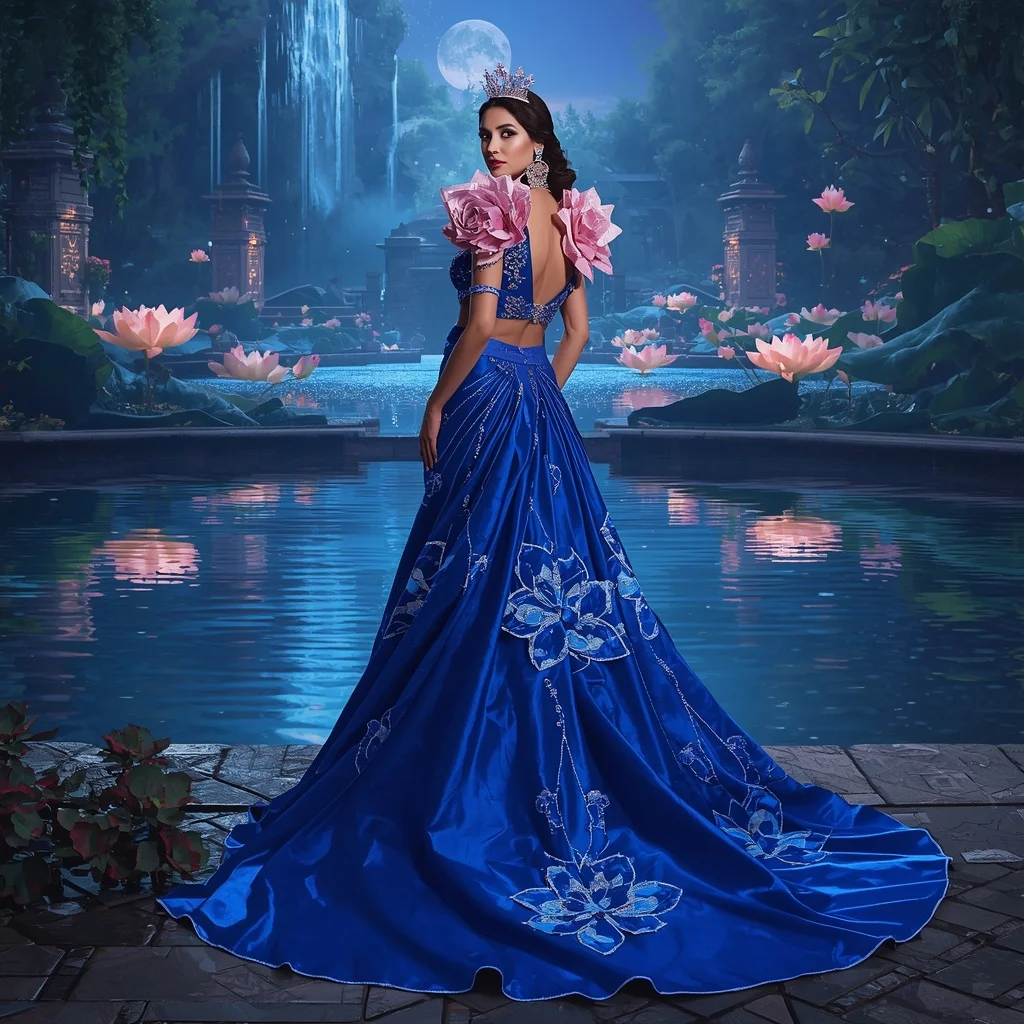 Crystal Sapphire Lotus Waterfall Saree with Moon Garden Reflection Palace | ChatGPT Ai Prompt