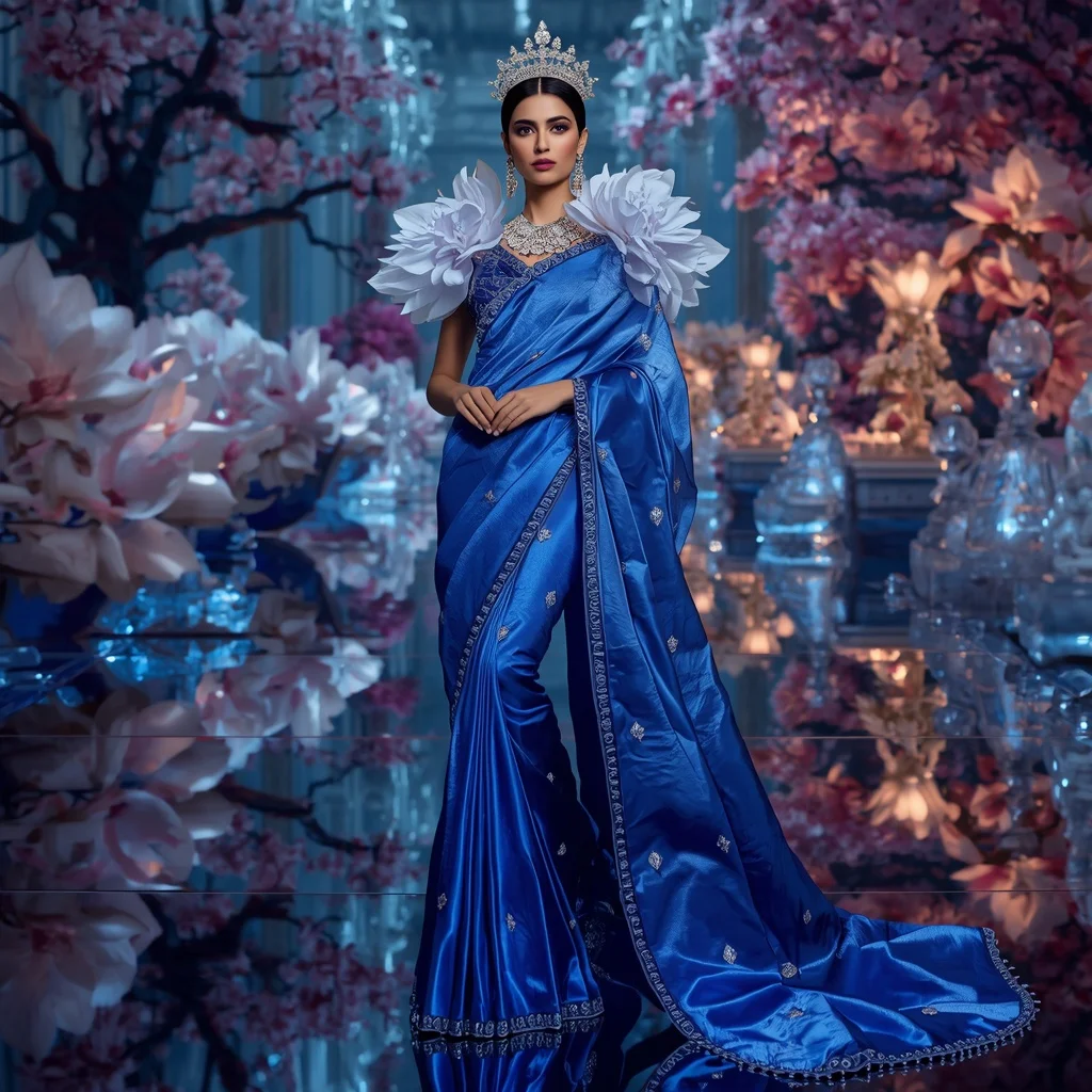 Crystal Sapphire Magnolia Palace Saree with Reflection Bloom Kingdom | Gemini Ai Photo