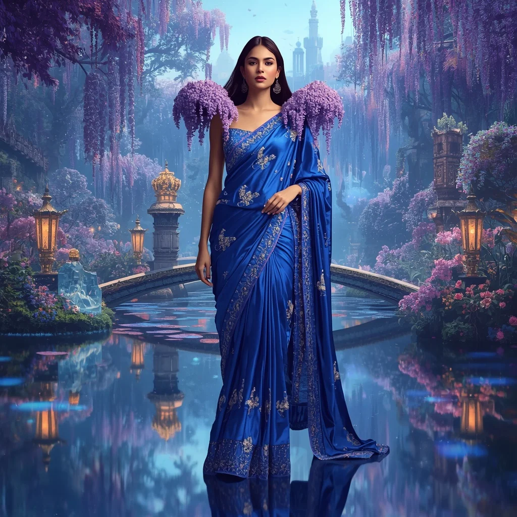 Crystal Sapphire Wisteria Saree with Reflection Garden Kingdom | New Instagram Trend Prompt For Girl Attitude