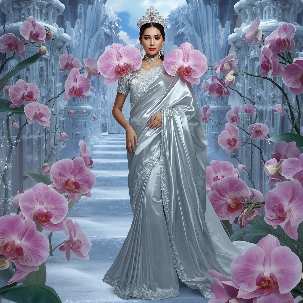 Crystal Silver Orchid Fortress Saree with Frozen Bloom Kingdom | Text To Image Prompt