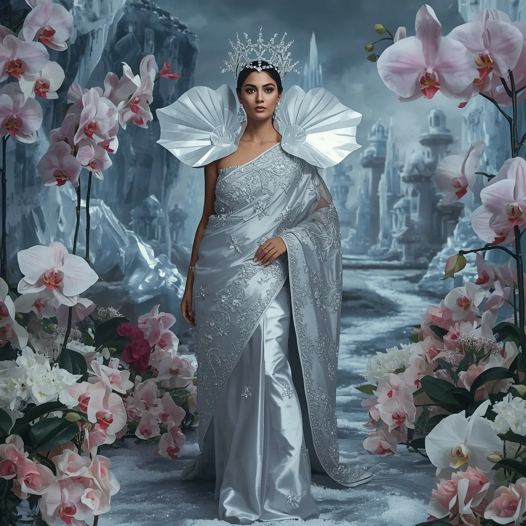 Crystal Silver Orchid Fortress Saree with Frozen Bloom Kingdom | Anime Ai Prompt