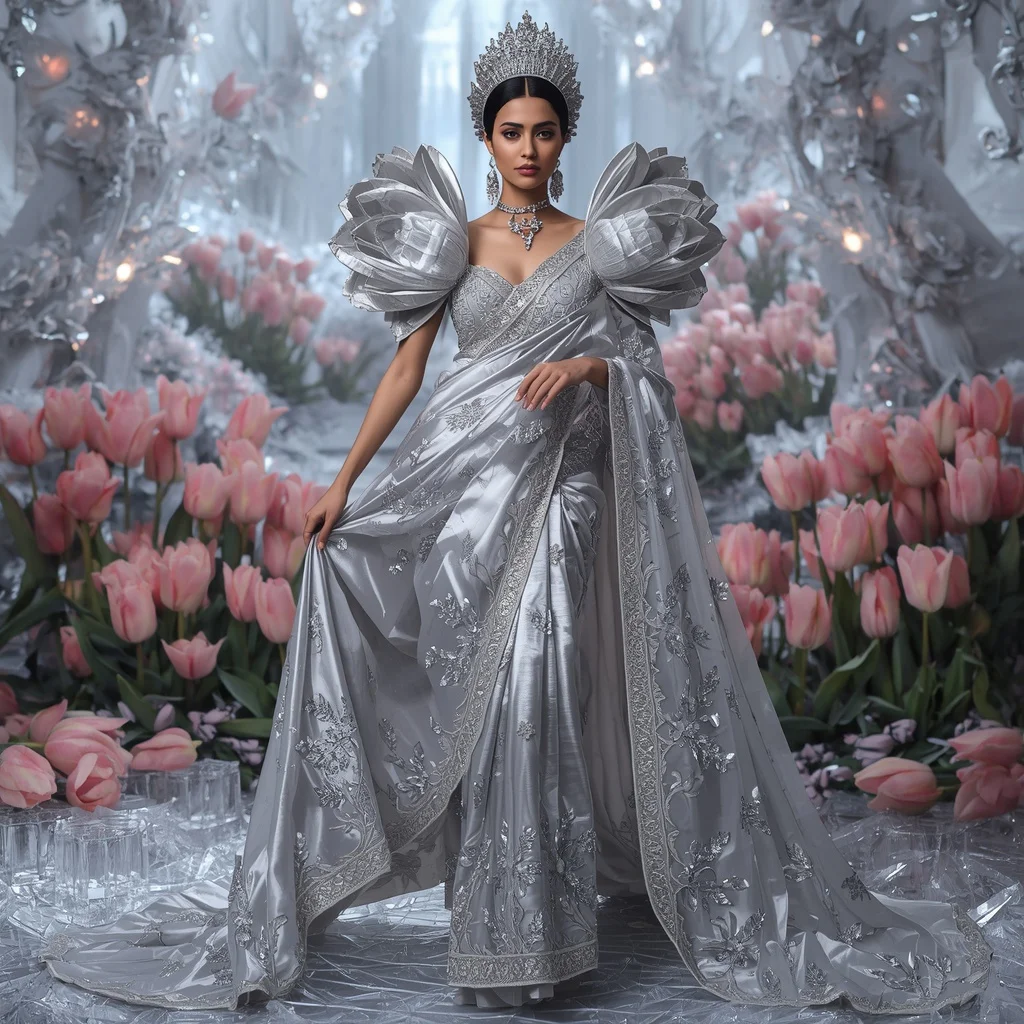 Crystal Silver Tulip Palace Saree with Frozen Bloom Empire | Prompt Ai