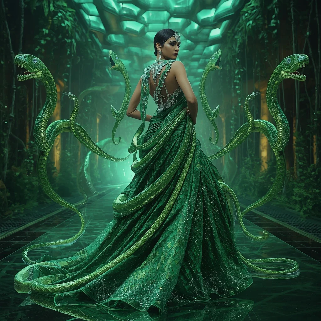Crystal Snake Garden Saree with Floating Emerald Labyrinth Jungle | Secret Ai Prompt