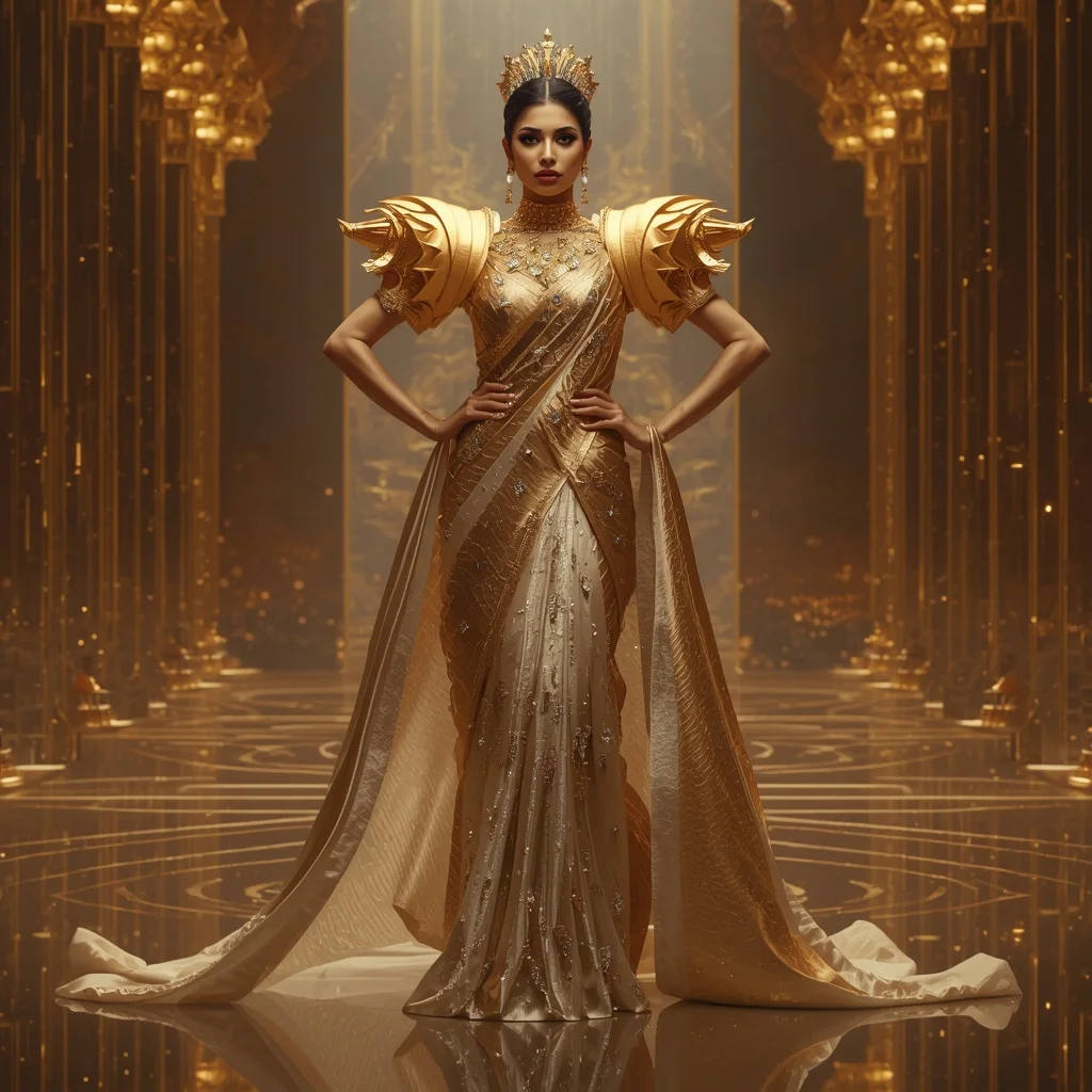 Crystal Solar Crown Citadel Saree with Golden Infinity Empire | Prompt Ai