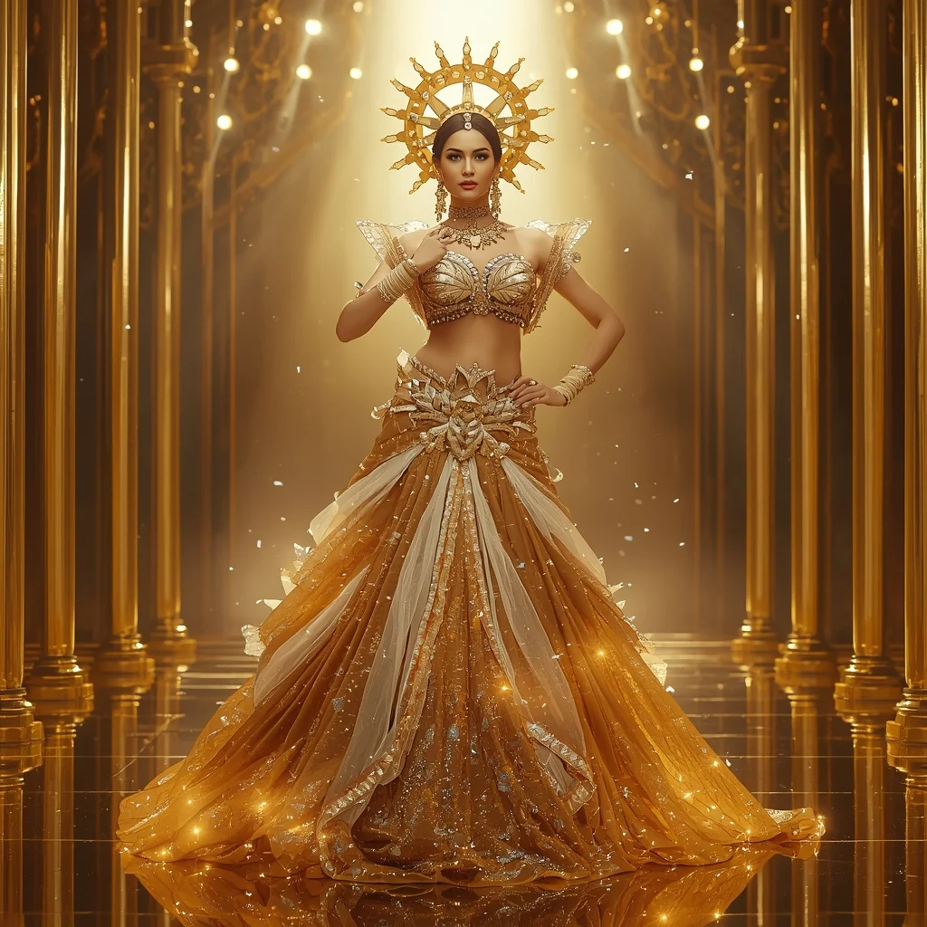 Crystal Solar Crown Pyramid Saree with Golden Infinity Citadel | 3d Animation Ai Prompt