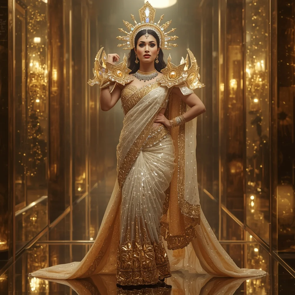 Crystal Solar Temple Crown Saree with Golden Celestial Kingdom | Female Model Ai Prompt
