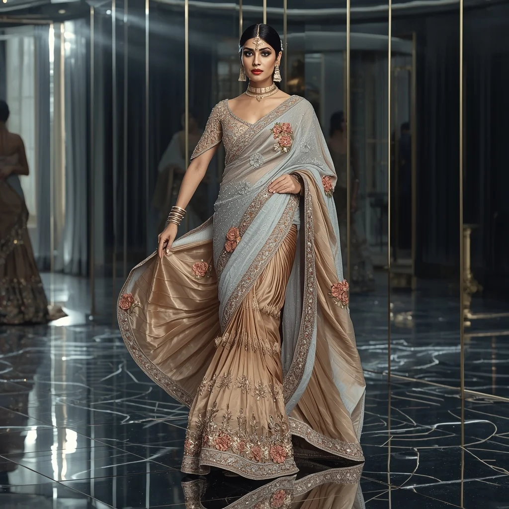 Crystal Spiral Rose Garden Saree with Curved Mirror Palace | Girl Photo Prompt Gemini
