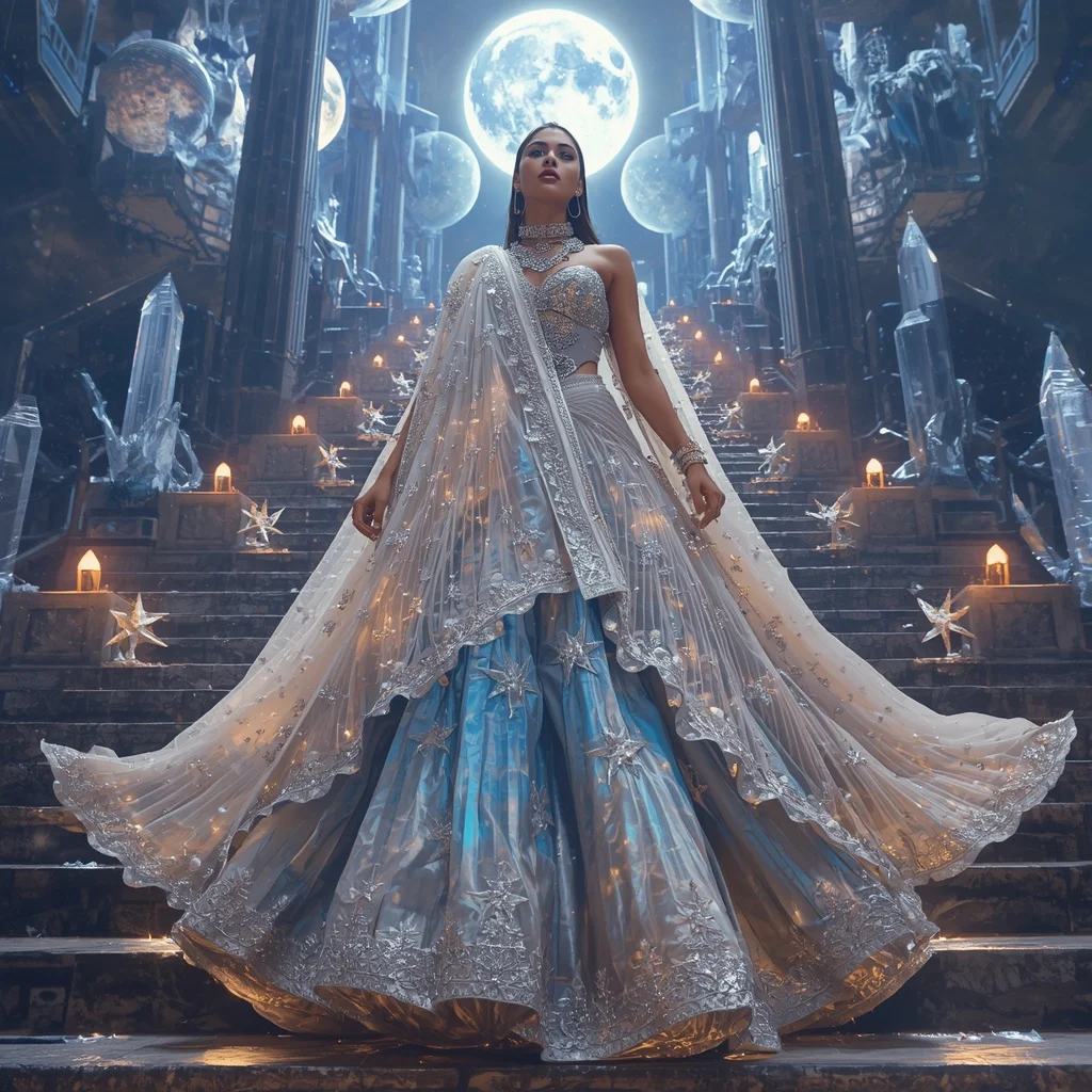 Crystal Stairway Moon Saree with Celestial Fashion Citadel | Gemini Ai Photo