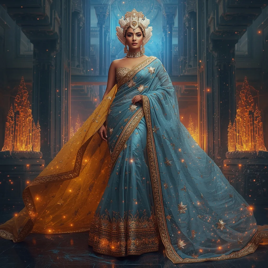 Crystal Starforge Saree with Cosmic Weaponry Royal Empire | Ai Portrait Prompt