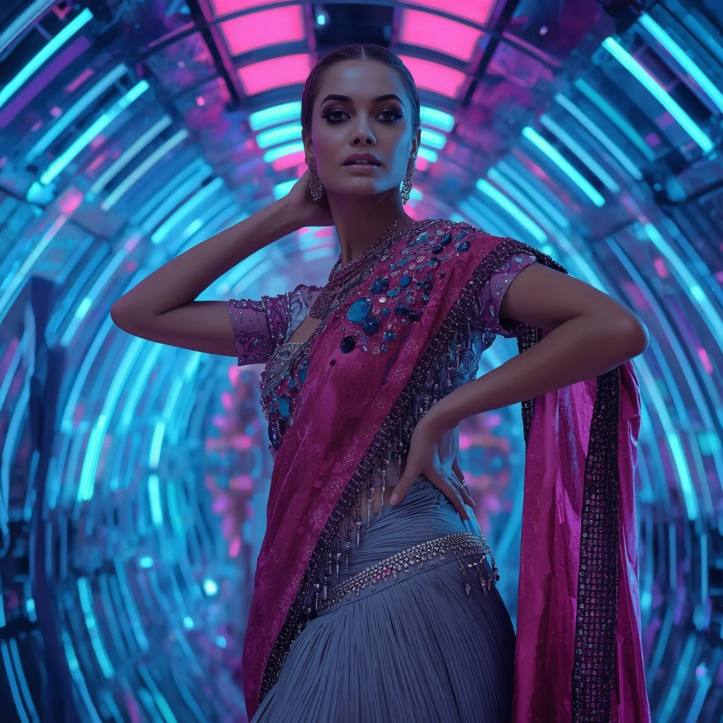 Crystal Storm Galaxy Saree with Infinity Ribbon Reflection Dome | New Ai Prompt Girl Instagram
