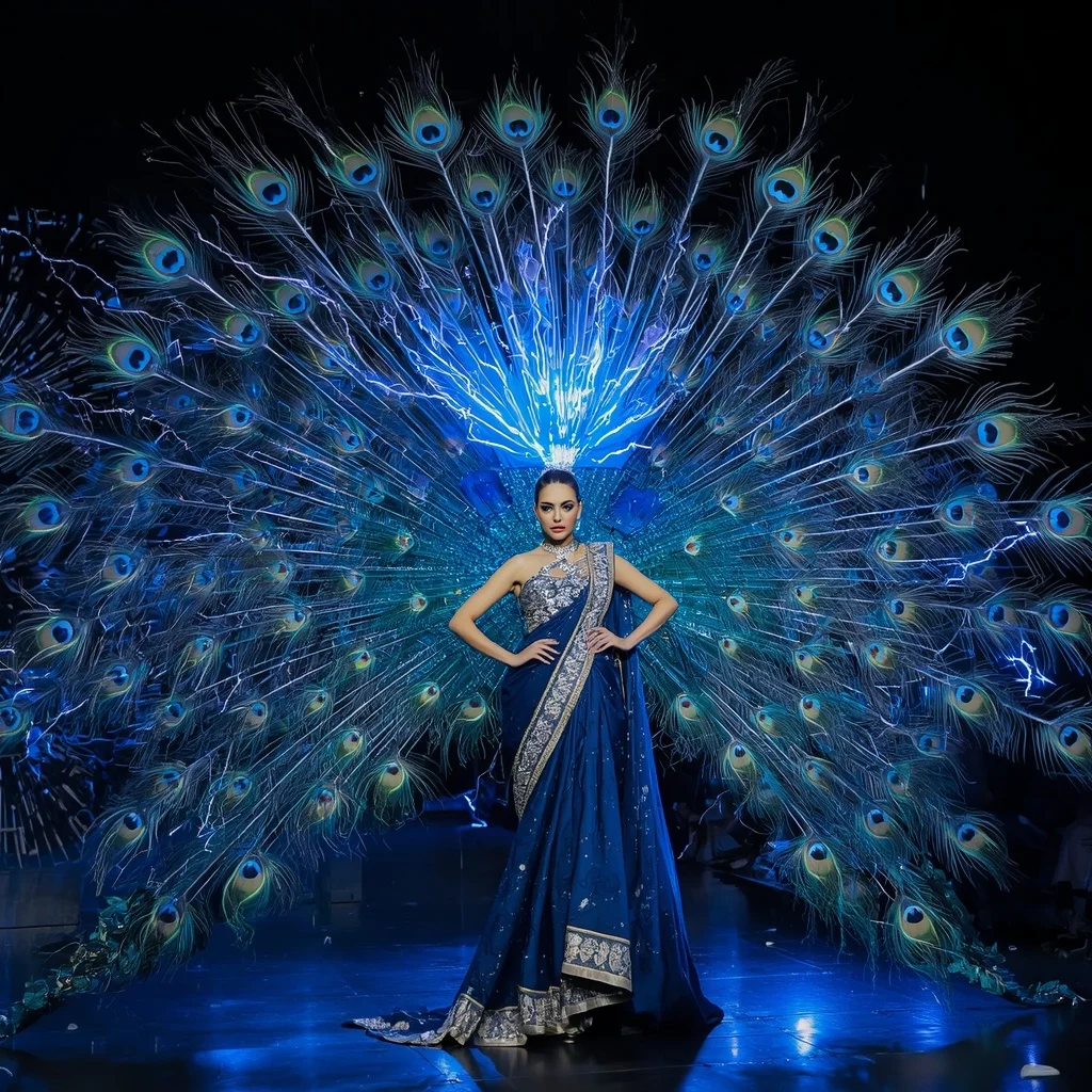 Crystal Storm Peacock Saree with Electric Feather Kingdom | Influencers Ai Prompt