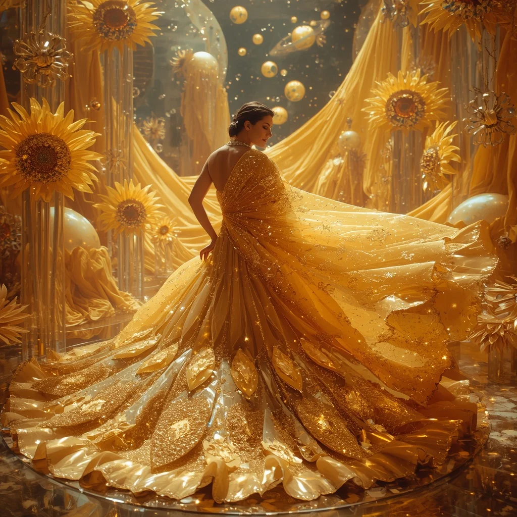 Crystal Sunflower Galaxy Saree with Floating Solar Bloom Kingdom | Prompt For Girls Trending