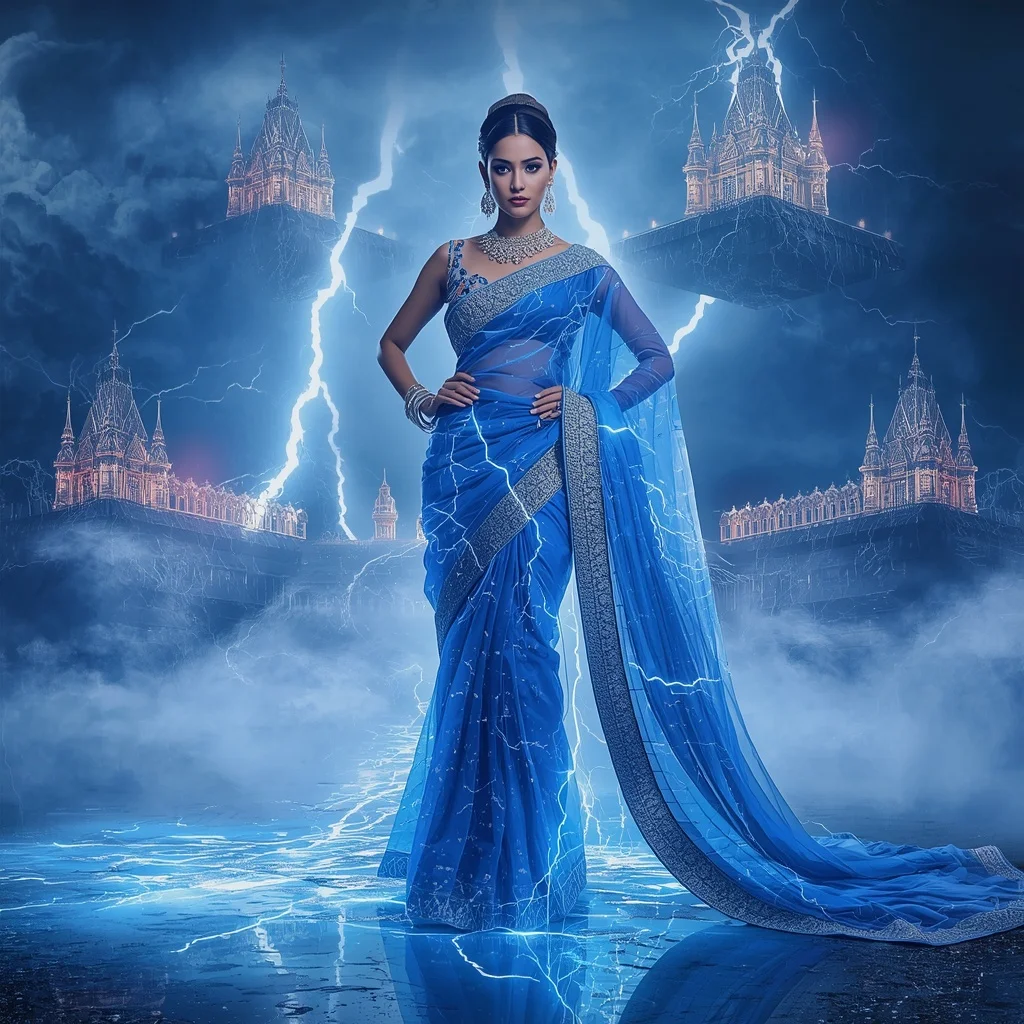 Crystal Thunder Palace Saree with Floating Electric Royal Kingdom | Gym Influencer Ai Prompt