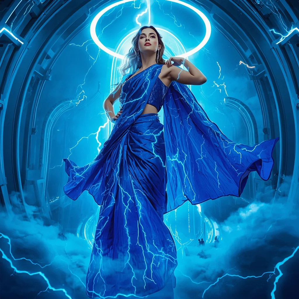 Crystal Thunder Silk Saree with Electric Sky Palace | Gemini Photo Editing Prompt
