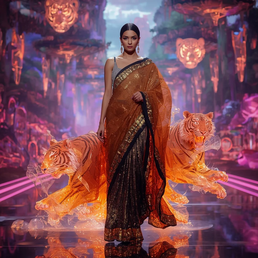Crystal Tiger Armor Saree with Floating Neon Safari Empire | Gemini Photo Prompt