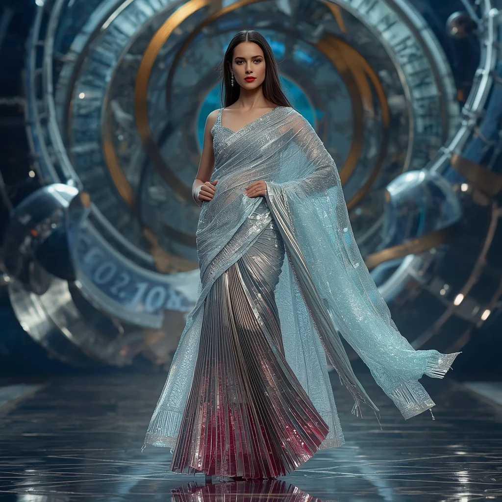 Crystal Time Warp Saree with Floating Chrono Spiral Dome | 3d Animation Ai Prompt